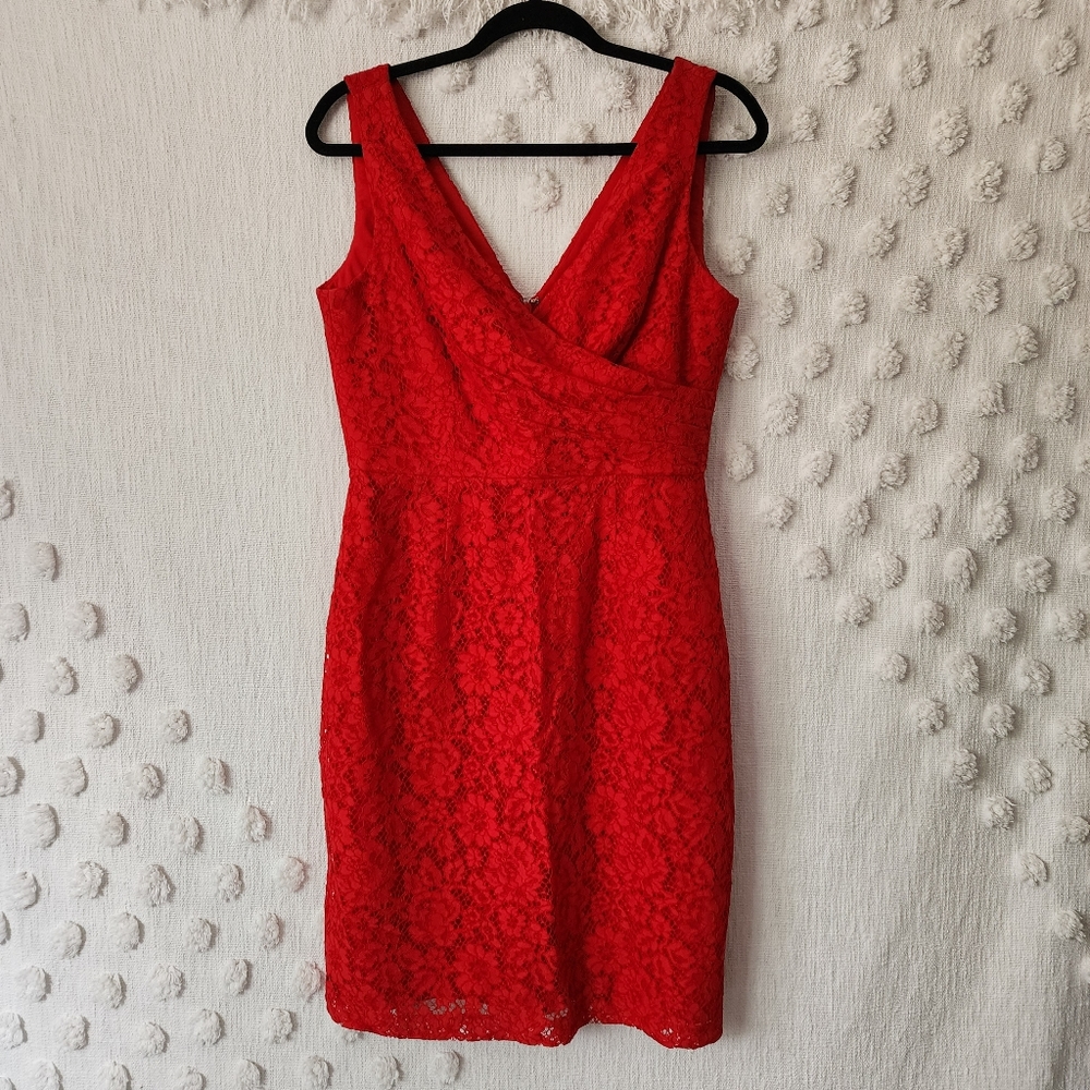 Donna Morgan Red Sheath Midi Dress V-Neck Sleeveless